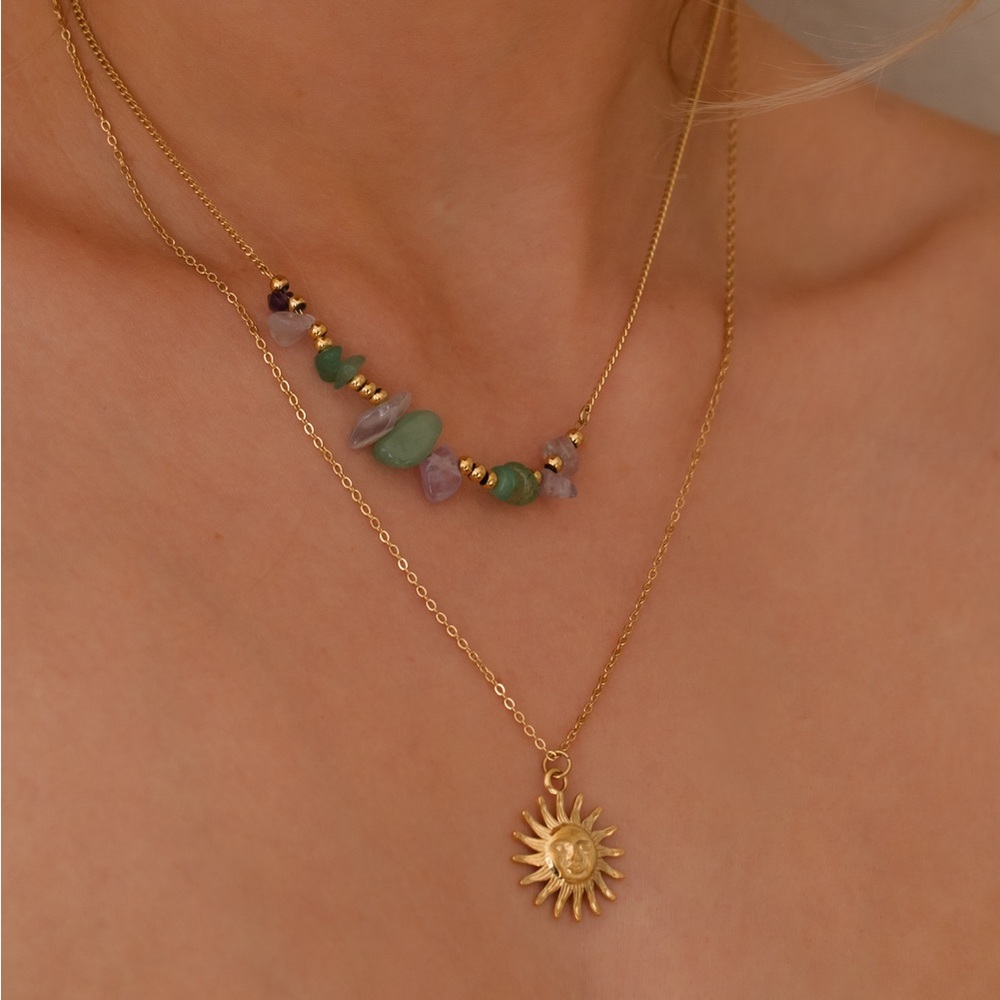 Sun Pendant Layered Necklace with Natural Gemstones - Picture 4 of 4
